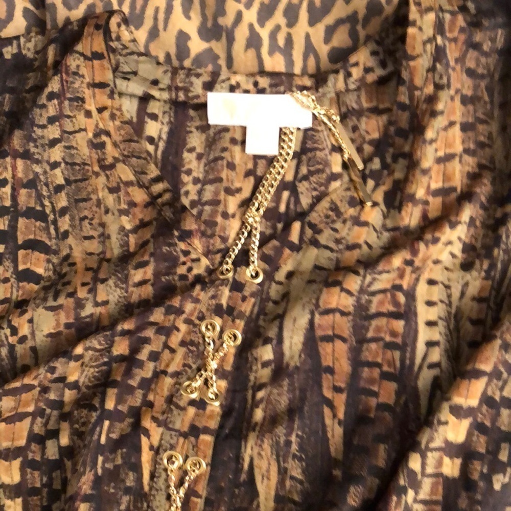 Micheal Kors brown snakeskin poncho type top /cover up gold chain lace at neck